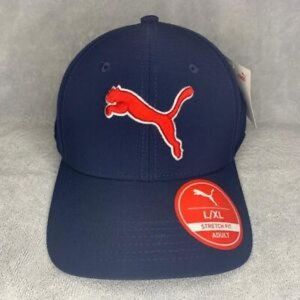 NWT Puma Stretch Fit Adult L/XL Navy Blue Red White Hat Cap